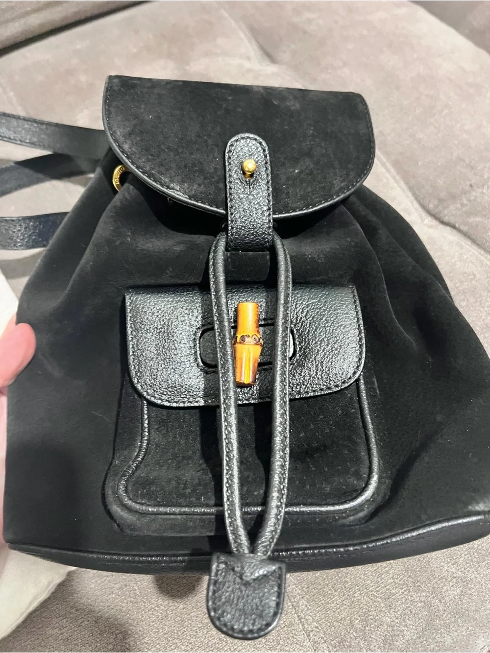 Gucci Black Suede & Leather Bamboo-Handle Drawstring Backpack